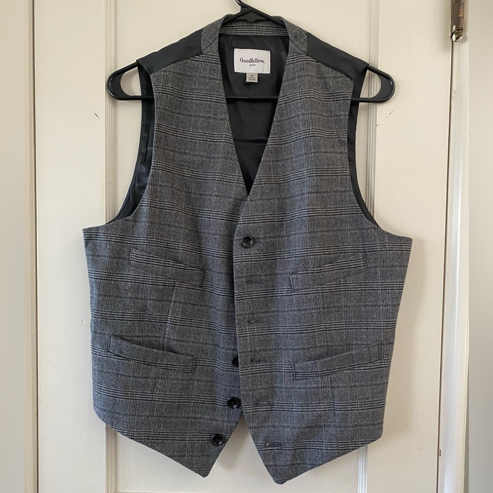 Goodfellow 4-Pocket Formal Men’s Vest Dark Grey Plaid Size M